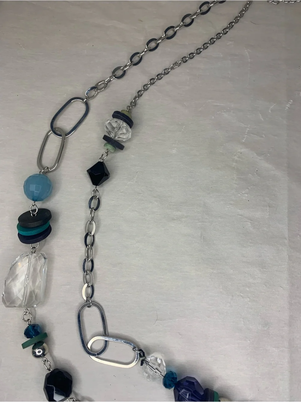 Double Strand Silver Beaded Chain Belt in Blue and Black
